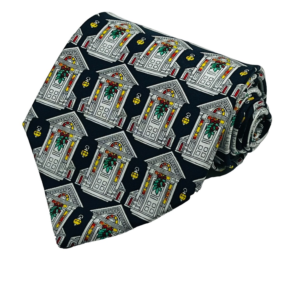 MMG‎ Men's Silk Christmas Necktie Holiday House Door Wreath Pattern Festive Gift